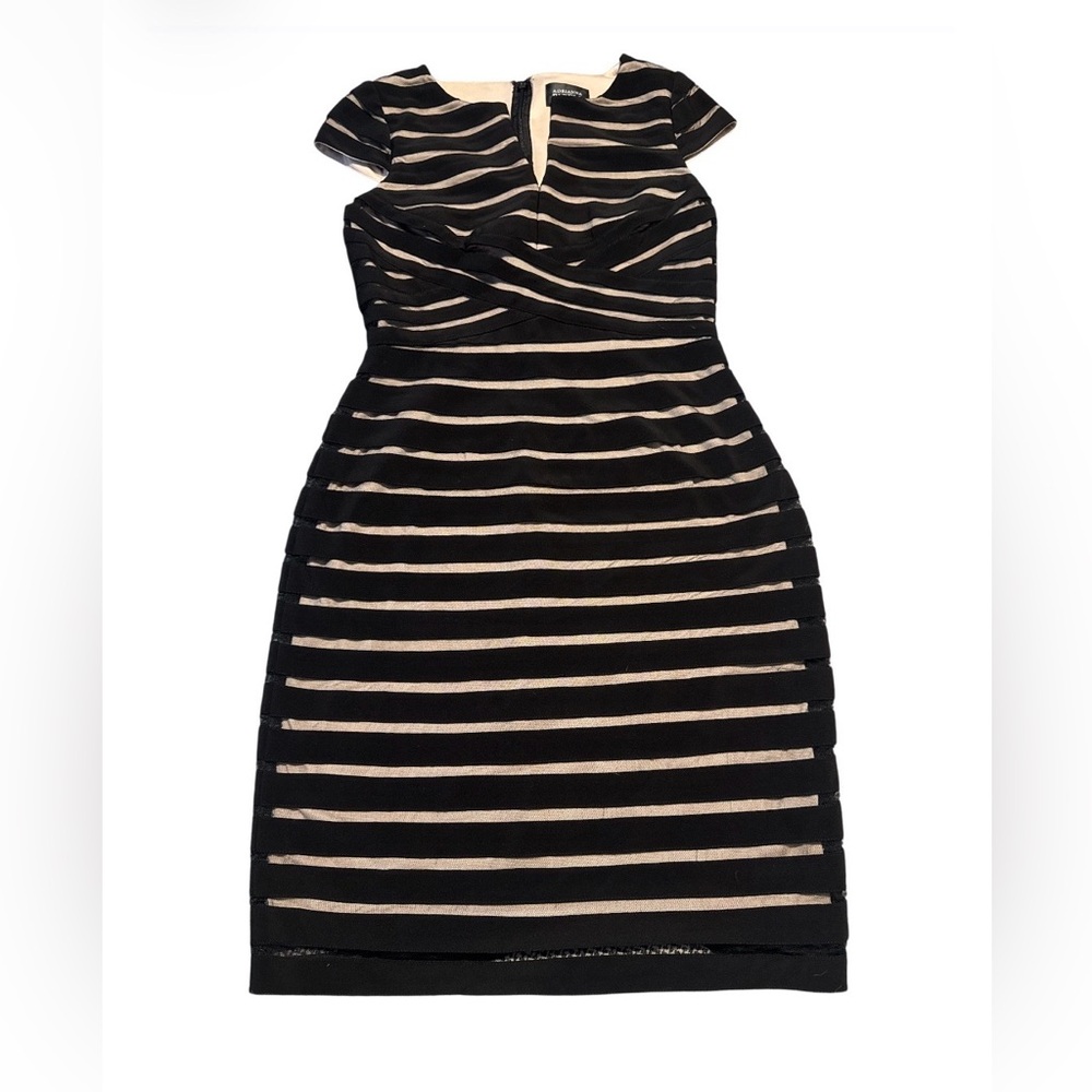 Adrianna Papell Black and Cream Striped Cap-Sleeve Bodycon Dress